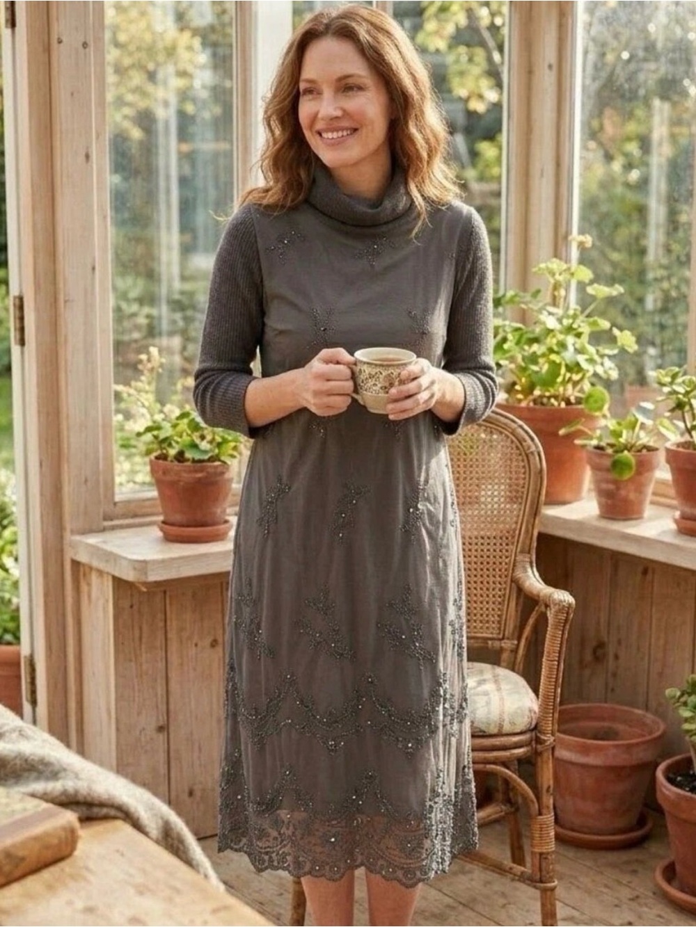 Sundance Sz M Eventide Dress Mesh Sequin Embroidery Overlay Turtleneck Brown